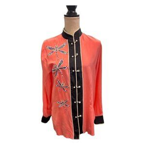 Vtg Bob Mackie Wearable Art Womens S Dragonfly Pink Mandarin Collar‎ Silk Blouse